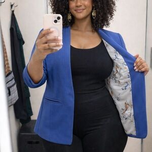 Skies Are Blue cornflower blue blazer canary bird and branch pattern lining